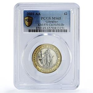 Gibraltar 2 pounds Union Jack Flag Britannia KM-970 MS65 PCGS bimetal coin 2001