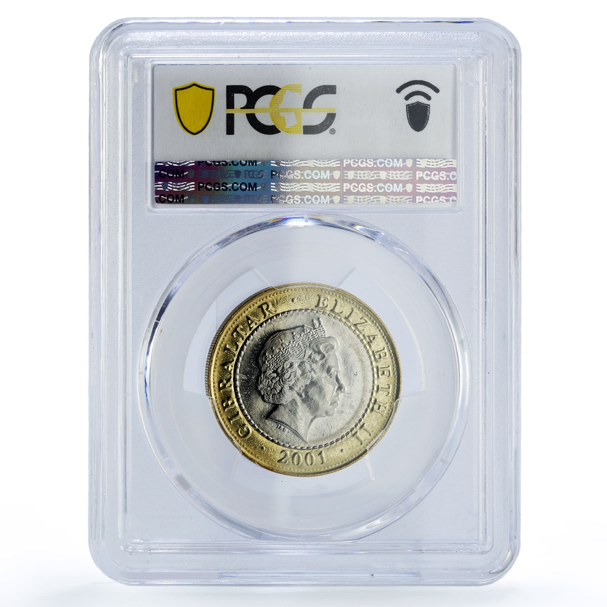 Gibraltar 2 pounds Union Jack Flag Britannia KM-970 MS65 PCGS bimetal coin 2001