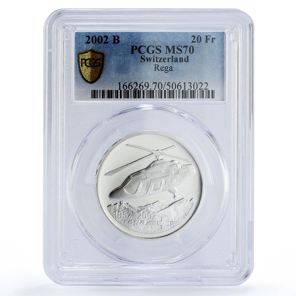 Switzerland 20 francs Rega Helicopter Aviation MS70 PCGS silver coin 2002