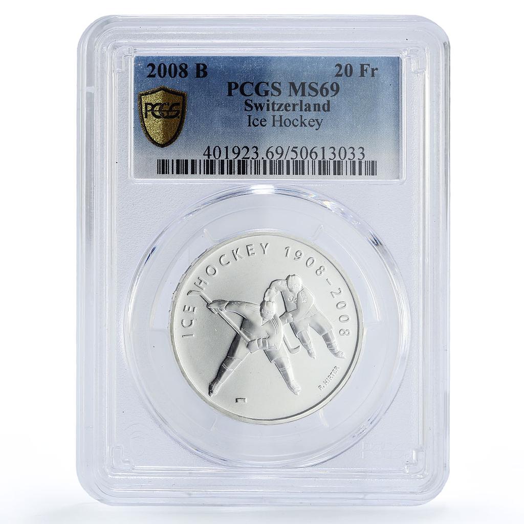 Switzerland 20 francs Ice Hockey Federation Sports MS69 PCGS silver coin 2008