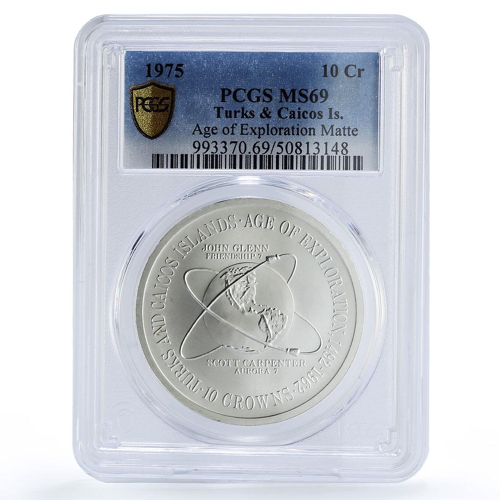 Turks and Caicos 10 crowns Friendship 7 Aurora 7 Space MS69 PCGS Ag coin 1975