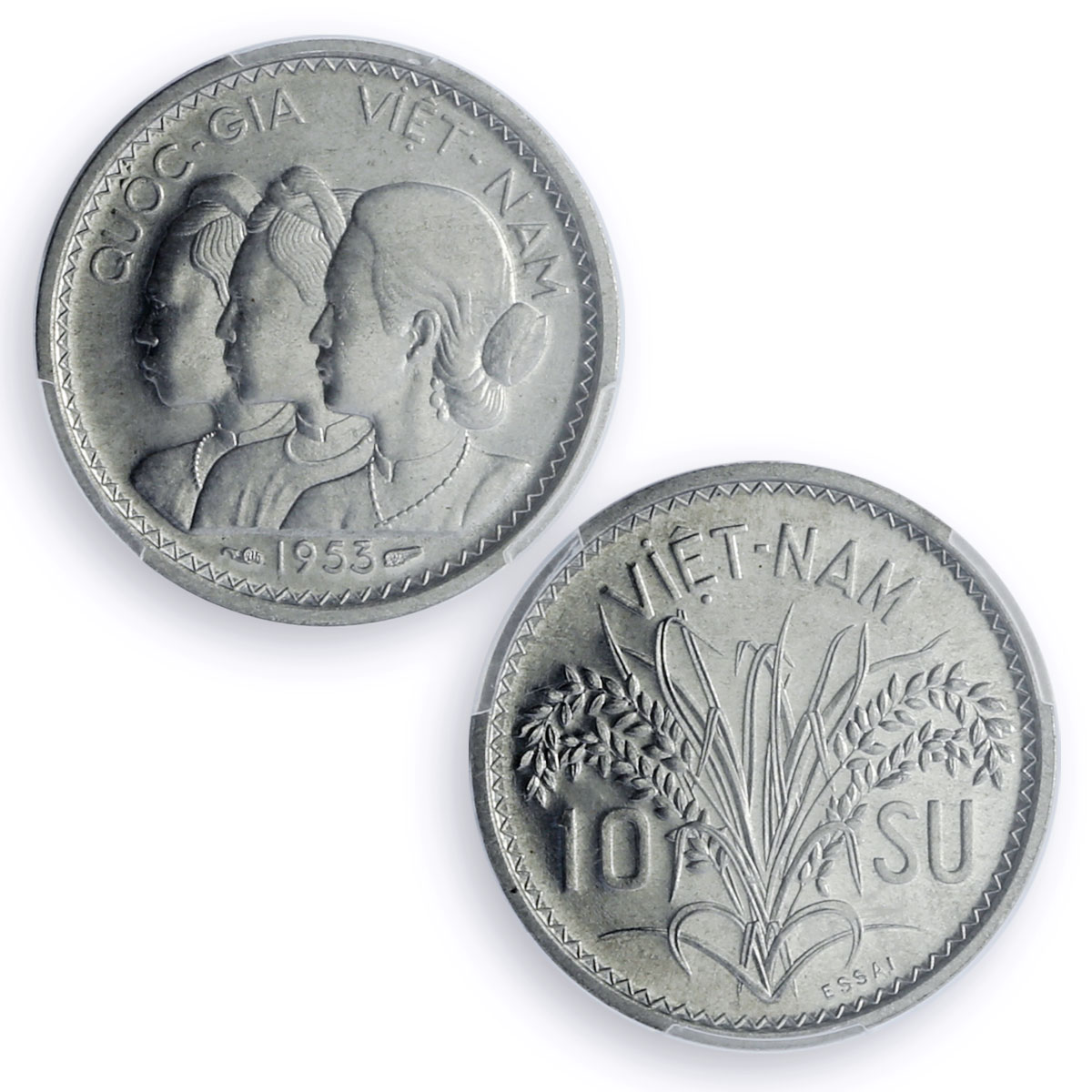 Vietnam South 10 su Bao Dai Three Women Pattern Essai SP66 PCGS Al coin 1953
