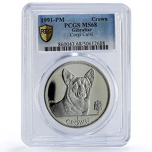 Gibraltar 1 crown Home Pets Dogs Welsh Corgi Animals MS68 PCGS CuNi coin 1991