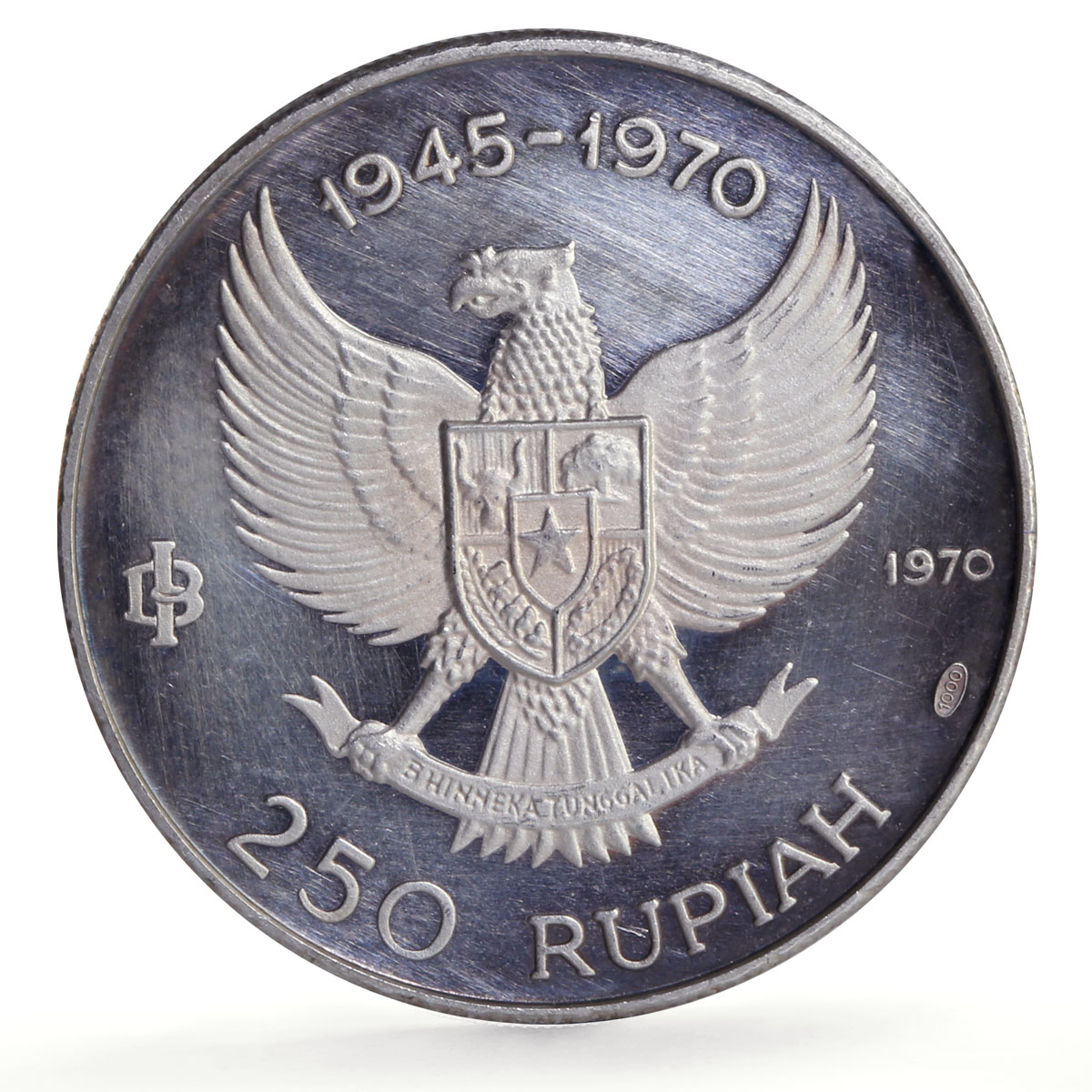 Indonesia 250 rupiah Independence Manjusri Statue KM-24 proof silver coin 1970