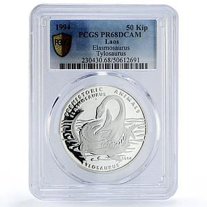 Laos 50 kip Elasmosaurus Tylosaurus Dinosaurs PR68 PCGS silver coin 1994