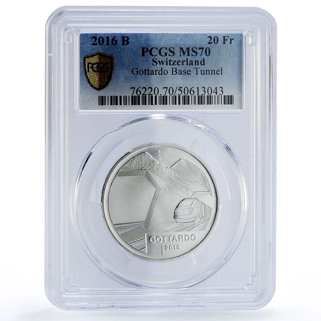 Switzerland 20 francs Gottardo Gotthard Tunnel Train MS70 PCGS silver coin 2016