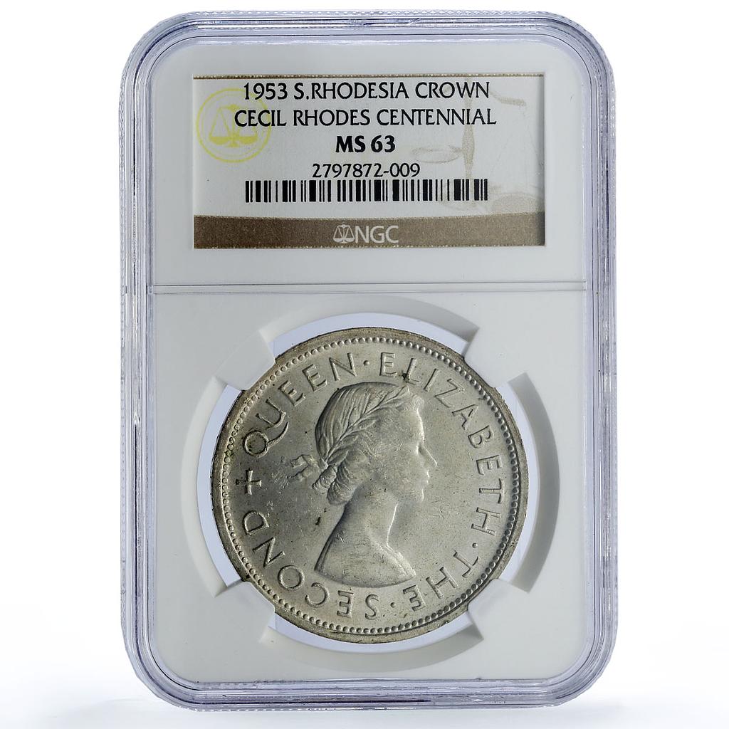 Southern Rhodesia 1 crown Cecil Rhodes 100 Years KM-27 MS63 NGC silver coin 1953