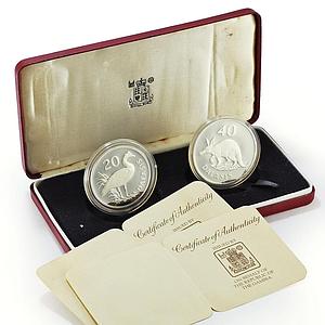 Gambia 20 and 40 dalasis Goose Aardvark Set WWF Wildlife proof silver coins 1977