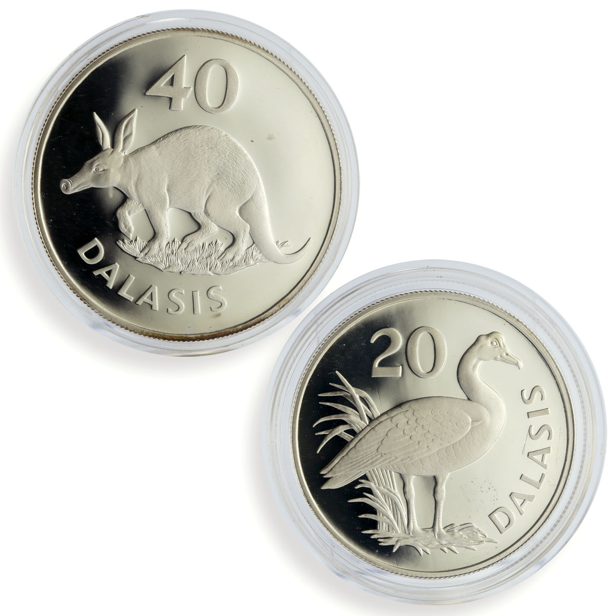 Gambia 20 and 40 dalasis Goose Aardvark Set WWF Wildlife proof silver coins 1977
