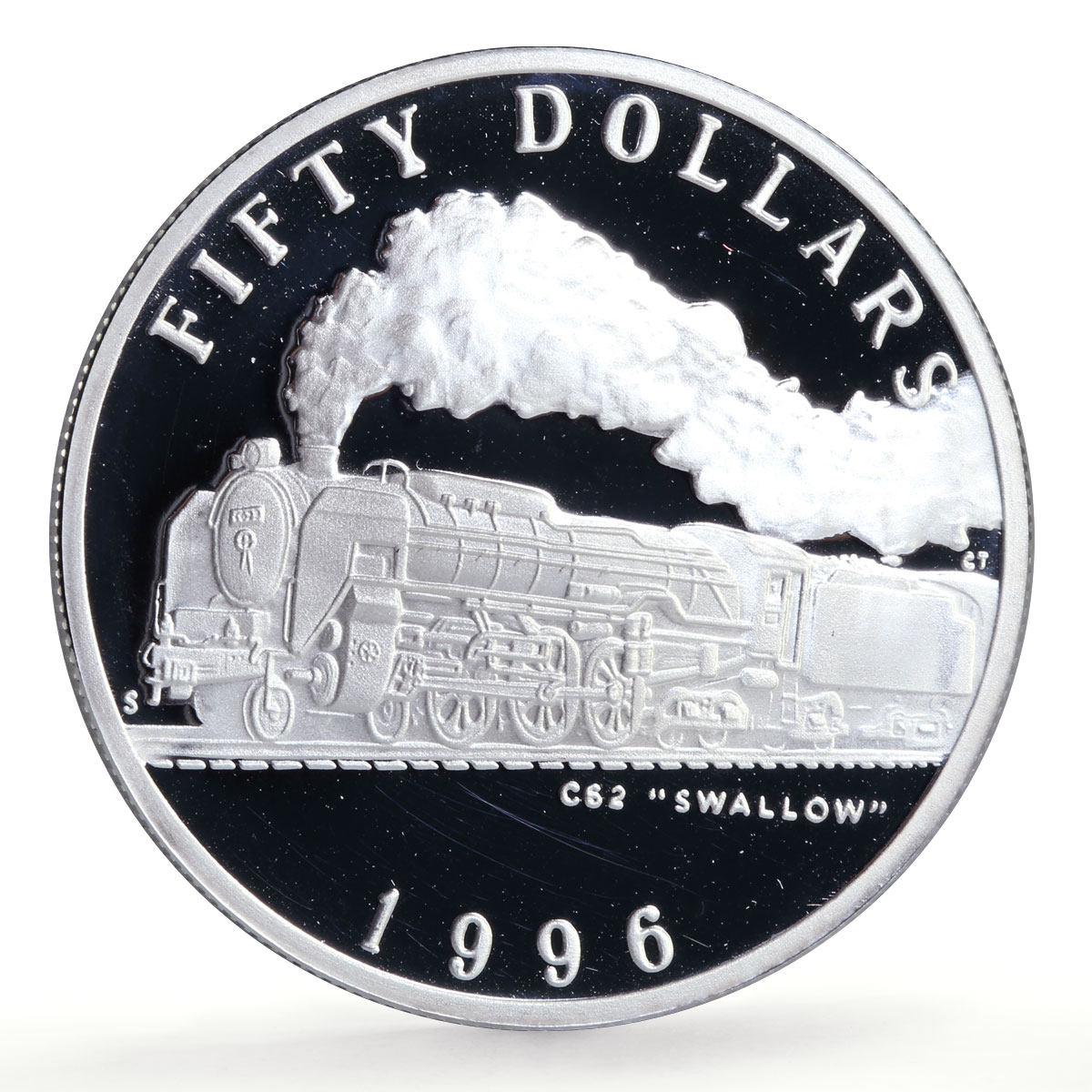 Marshall Islands 50 dollars C62 Swallow Trains Railways proof silver coin 1996