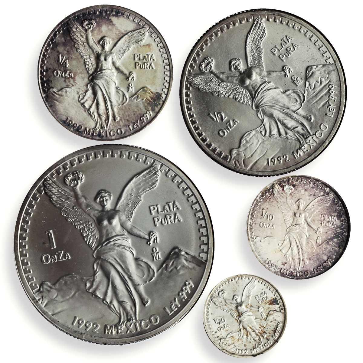 Mexico set of 5 coins Libertad Angel of Independence silver coins 1992