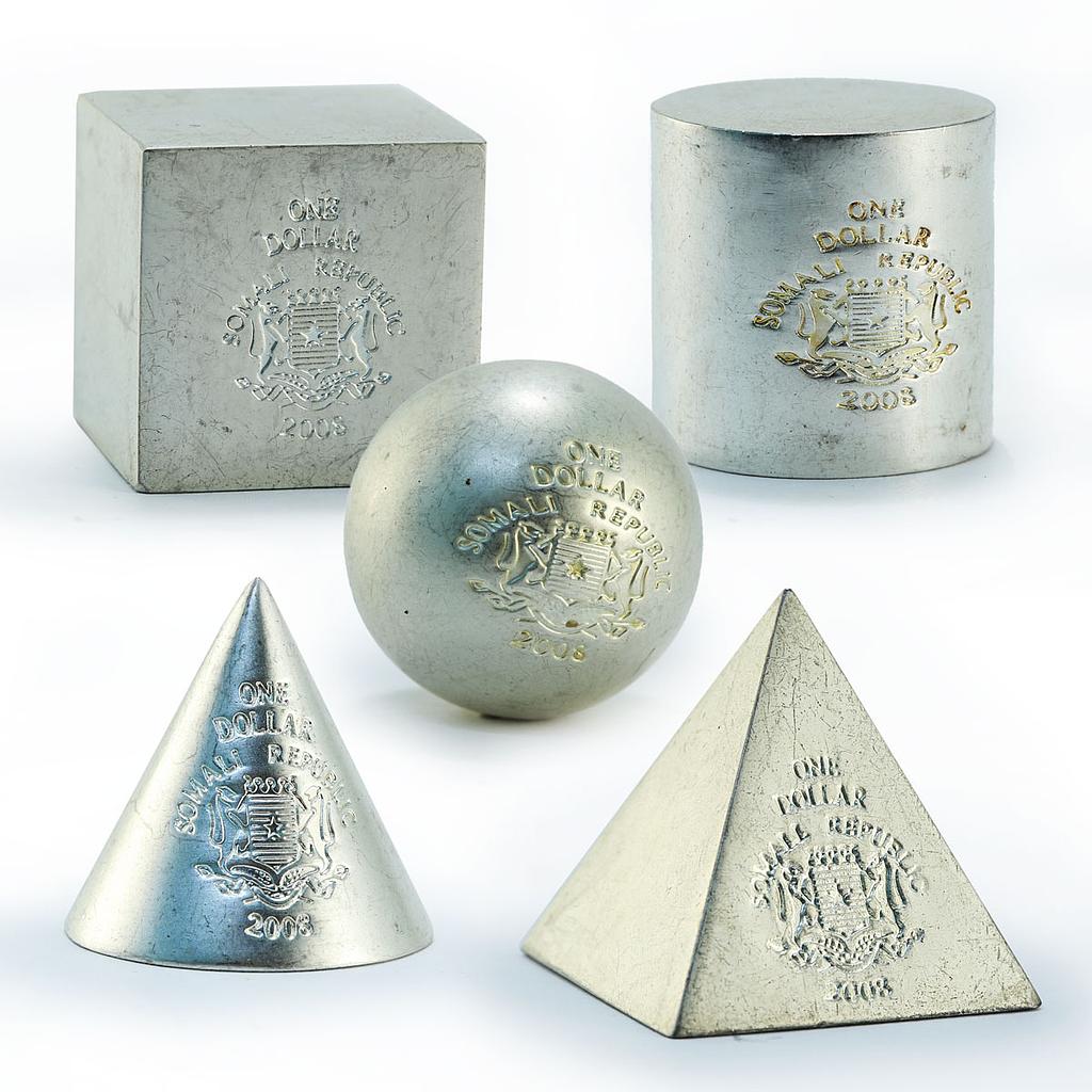 Somalia set of 5 coins 3 Dimensional geometric silver plated 2008