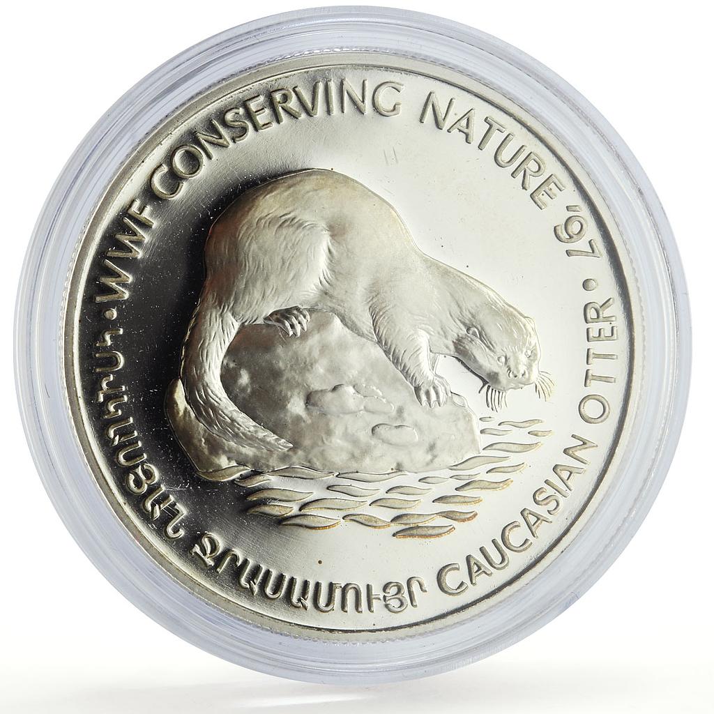 Armenia 100 dram Otter Wildlife Conservation WWF Fauna proof silver coin 1997