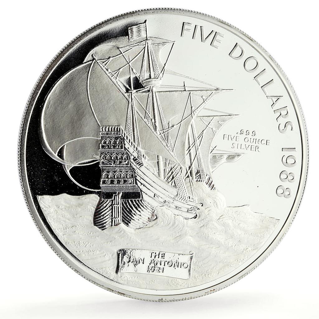 Bermuda 5 dollars San Antonio Ship Clipper Seafaring 5 oz proof silver coin 1988