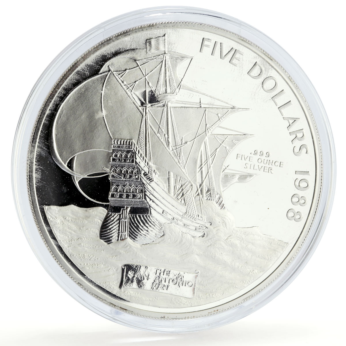 Bermuda 5 dollars San Antonio Ship Clipper Seafaring 5 oz proof silver coin 1988