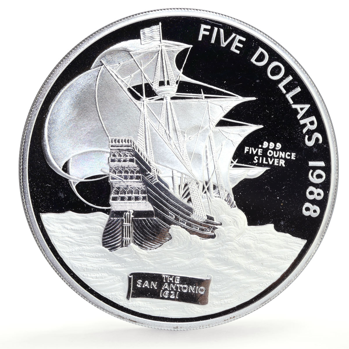 Bermuda 5 dollars San Antonio Ship Clipper Seafaring 5 oz proof silver coin 1988