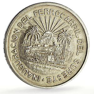 Mexico 5 pesos Southeastern Railroad Railway Opening Train silver coin 1950