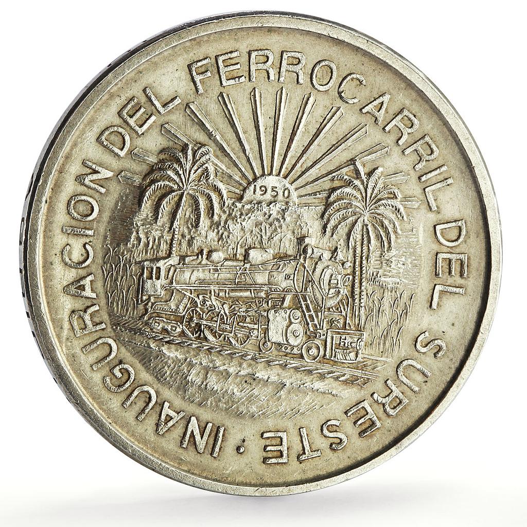 Mexico 5 pesos Southeastern Railroad Railway Opening Train silver coin 1950
