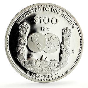 Mexico 100 pesos Two Worlds Encounter Ships Pillars proof silver coin 1991