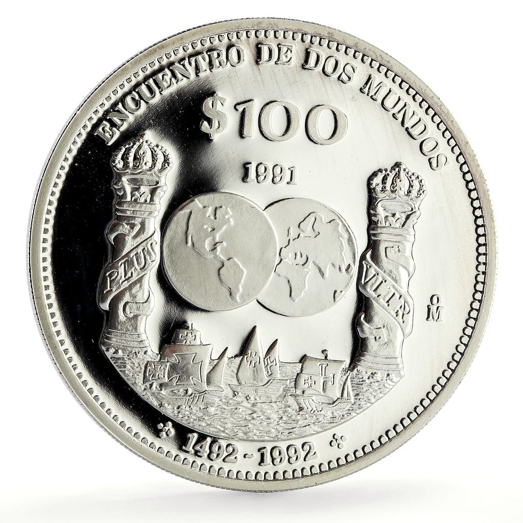 Mexico 100 pesos Two Worlds Encounter Ships Pillars proof silver coin 1991