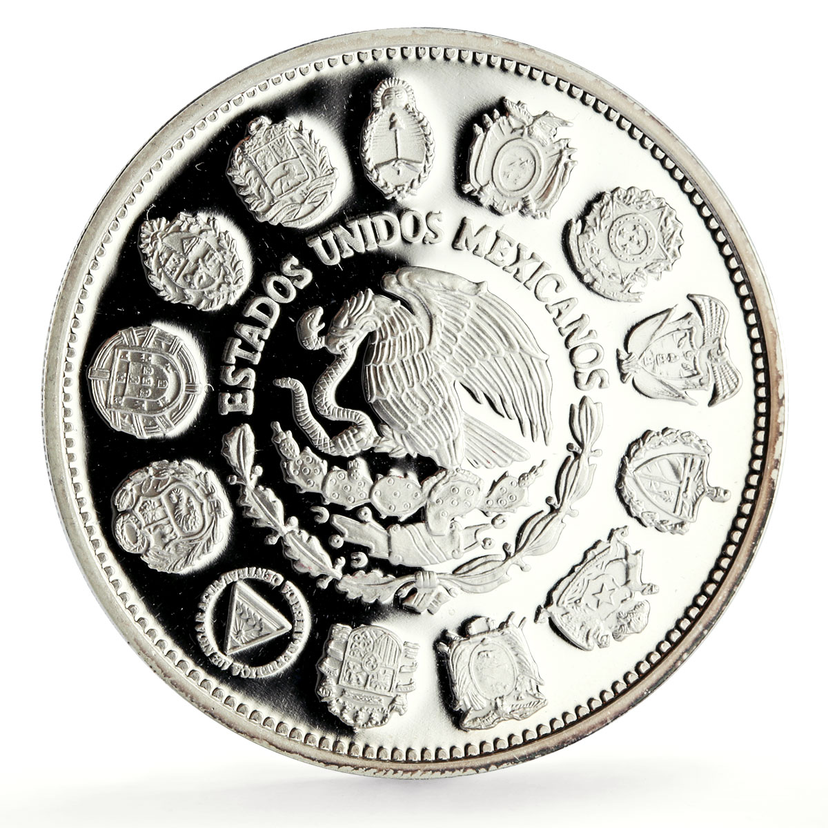 Mexico 100 pesos Two Worlds Encounter Ships Pillars proof silver coin 1991