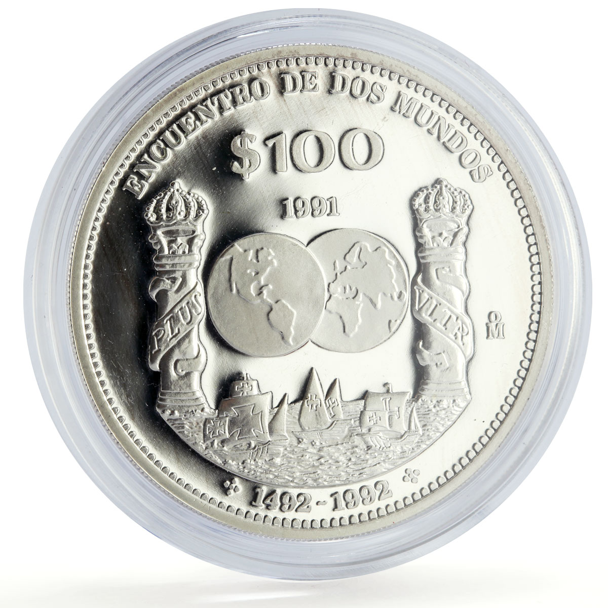 Mexico 100 pesos Two Worlds Encounter Ships Pillars proof silver coin 1991