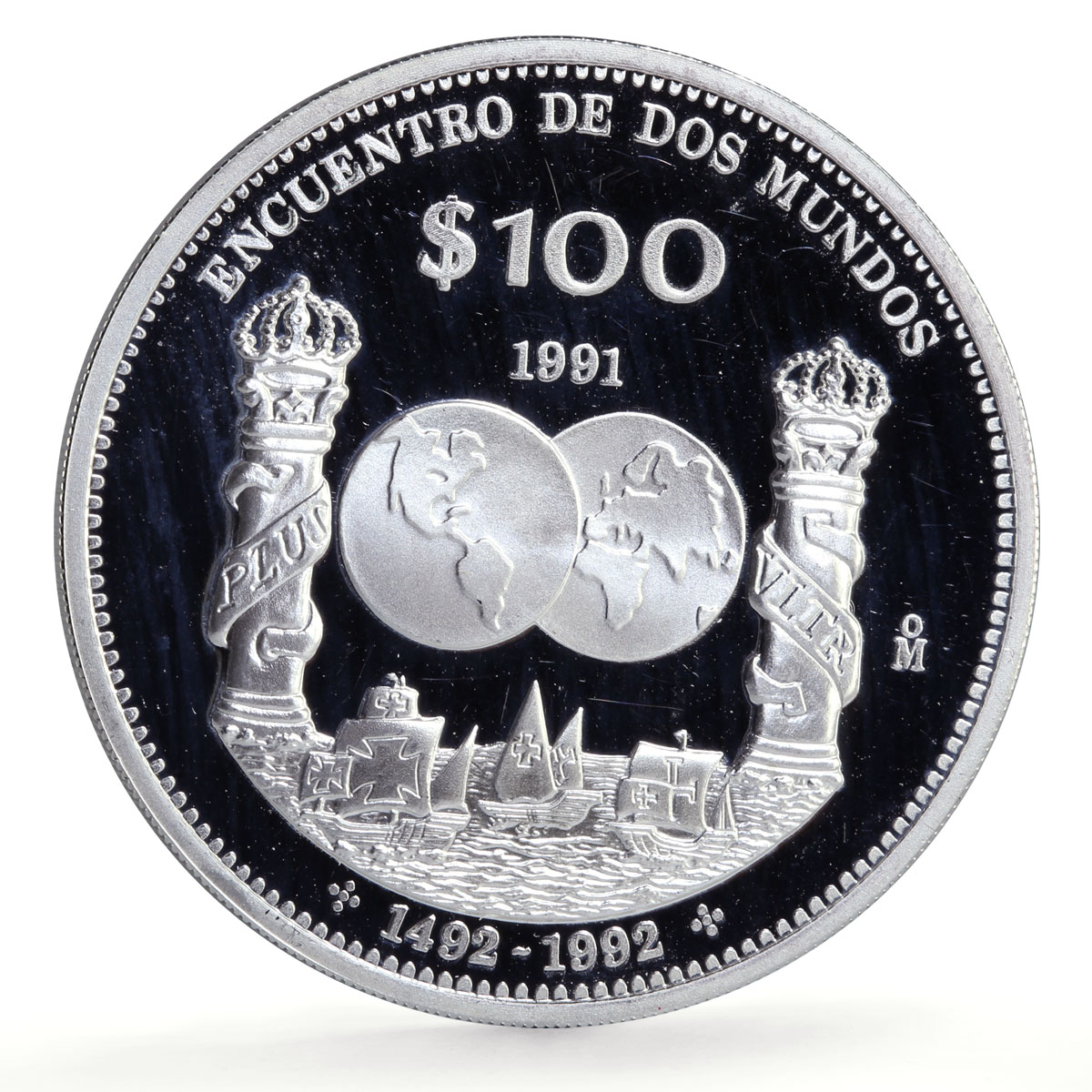 Mexico 100 pesos Two Worlds Encounter Ships Pillars proof silver coin 1991