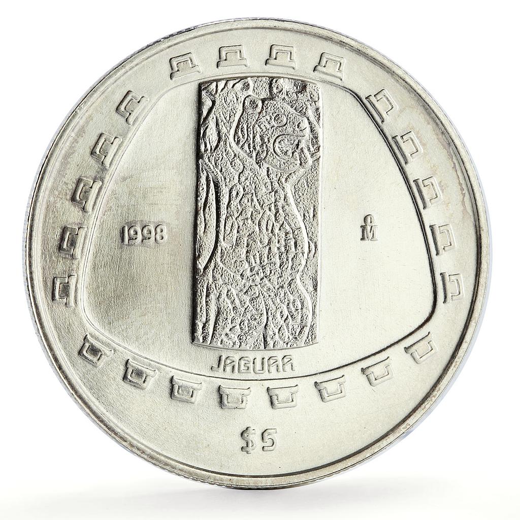 Mexico 5 pesos Jaguar Carving Art Precolombina Toltec silver coin 1998