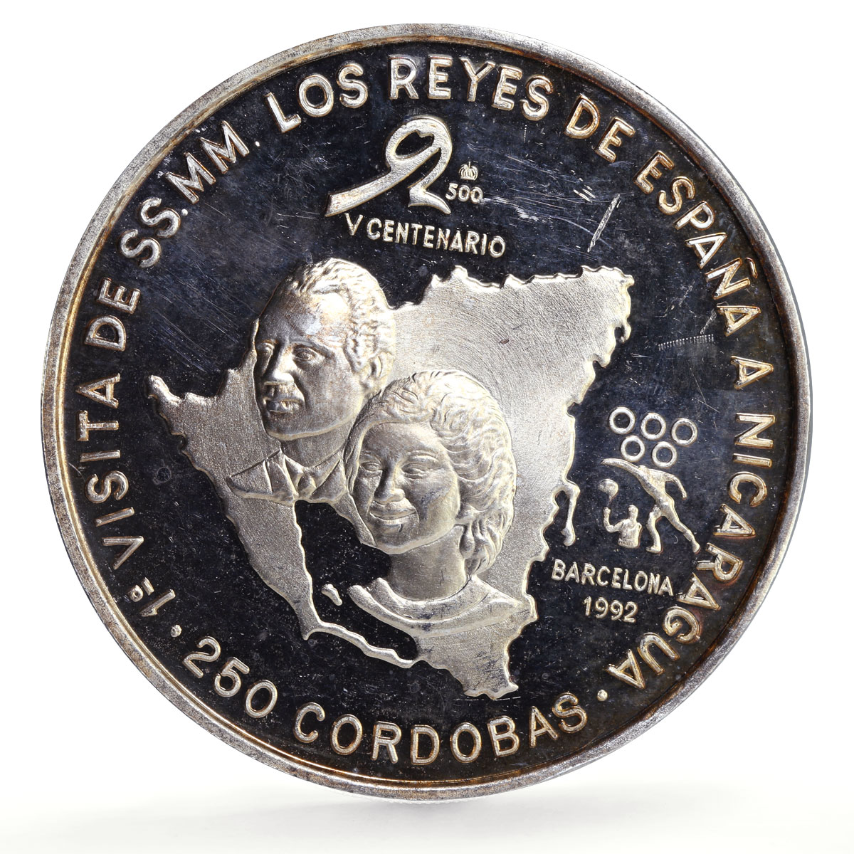 Nicaragua 250 cordobas Barcelona Olympics Royal Visit proof silver coin 1992