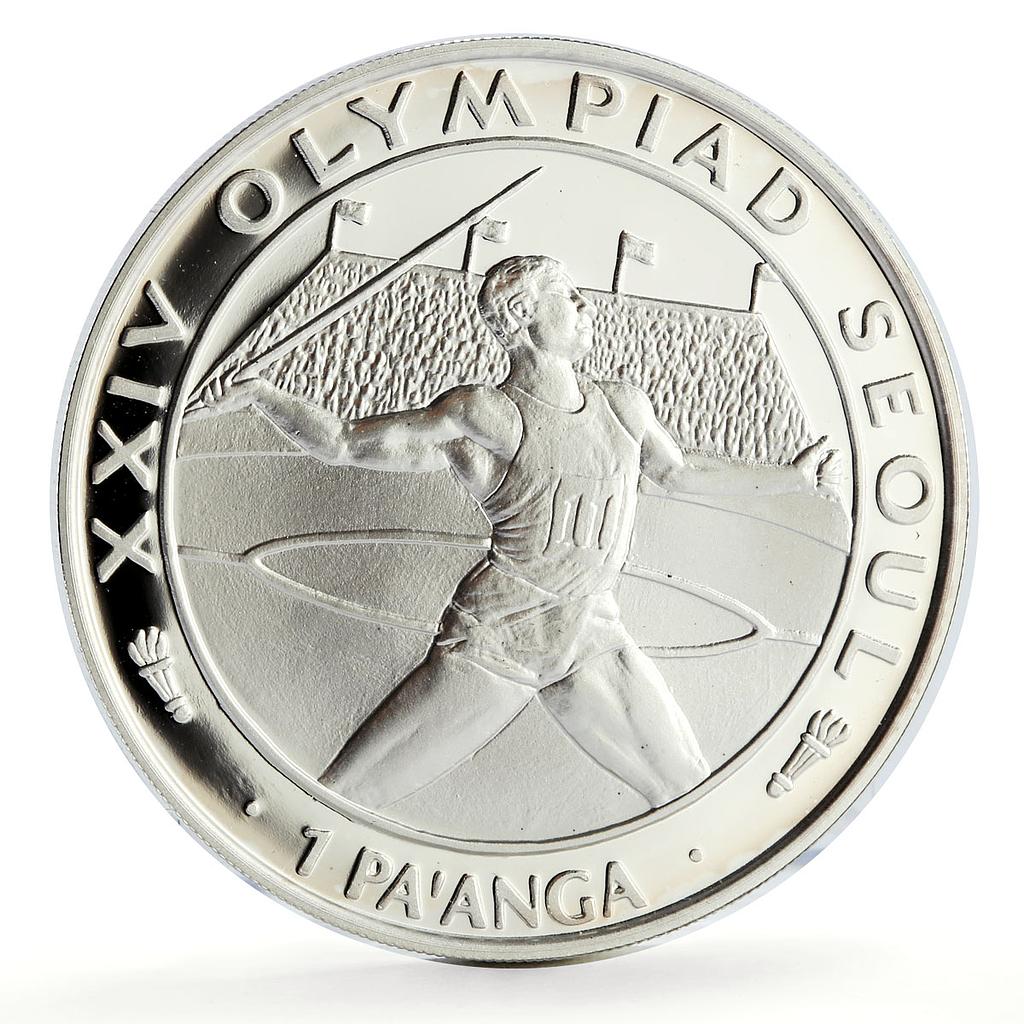 Tonga 1 paanga Seoul Olympic Games Javelin Thrower proof silver coin 1988