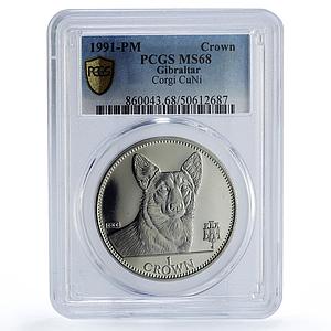 Gibraltar 1 crown Home Pets Dogs Welsh Corgi Animals MS68 PCGS CuNi coin 1991