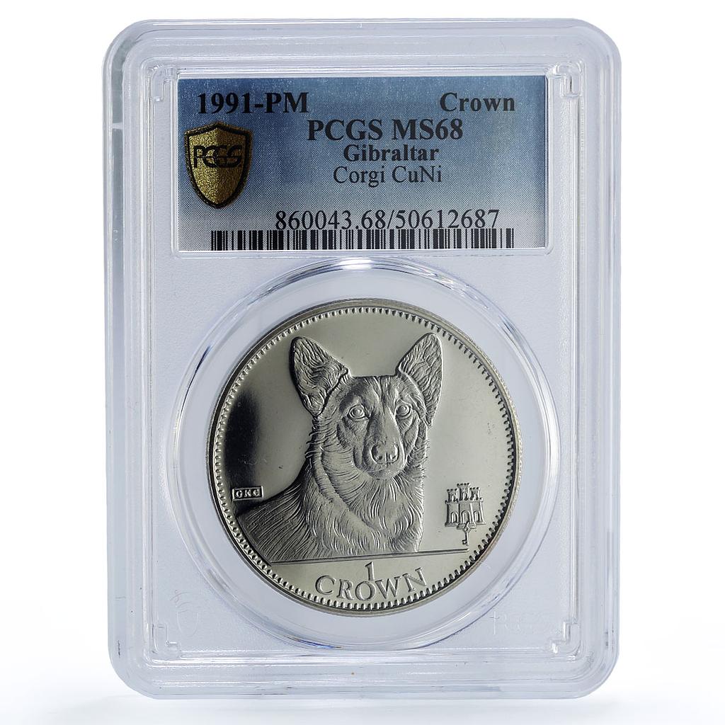 Gibraltar 1 crown Home Pets Dogs Welsh Corgi Animals MS68 PCGS CuNi coin 1991