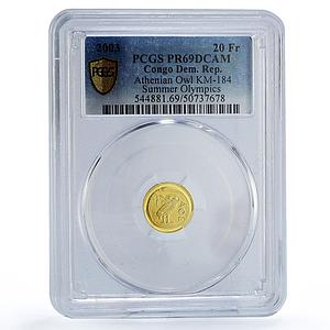 Congo 20 francs Owl Athens Olympic Games Birds Sports PR69 PCGS gold coin 2003