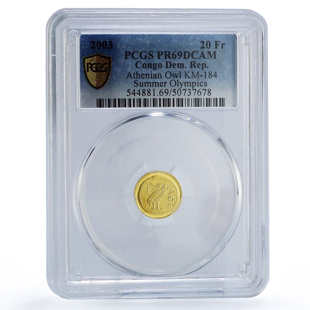 Congo 20 francs Owl Athens Olympic Games Birds Sports PR69 PCGS gold coin 2003