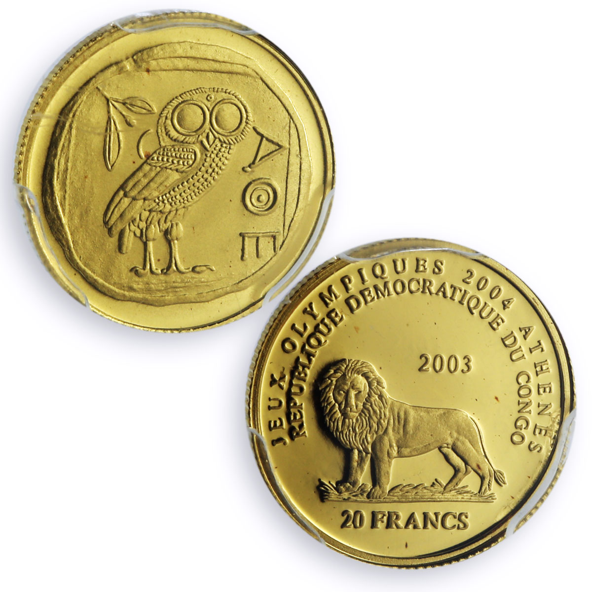 Congo 20 francs Owl Athens Olympic Games Birds Sports PR69 PCGS gold coin 2003