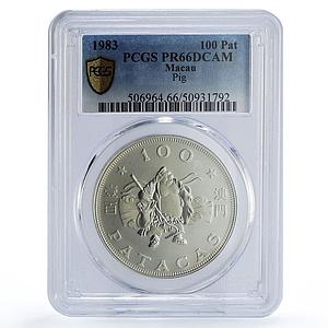 Macau 100 patacas Year of the Pig Lunar Calendar PR66 PCGS silver coin 1983