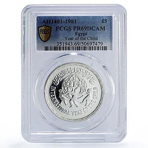 Egypt 5 pounds UNICEF Save the Children Child Year PR69 PCGS silver coin 1981