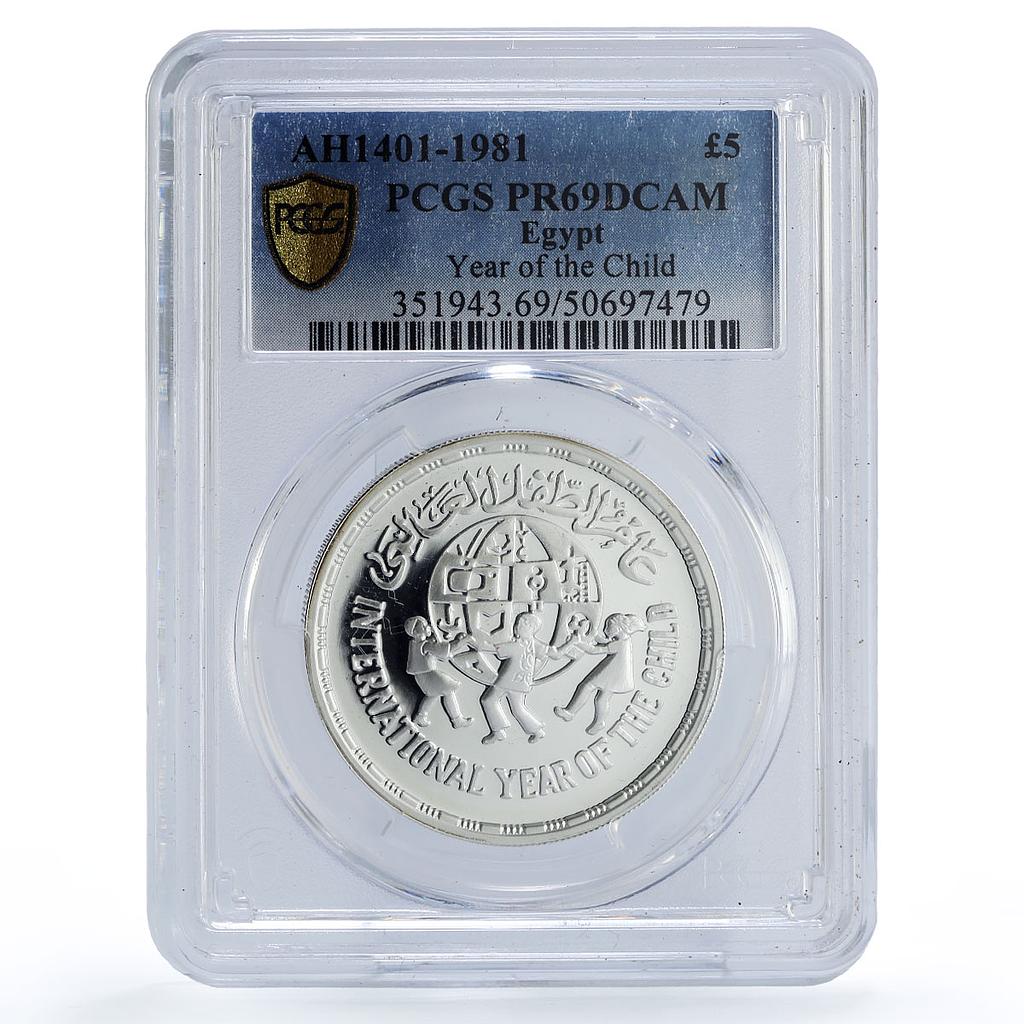 Egypt 5 pounds UNICEF Save the Children Child Year PR69 PCGS silver coin 1981