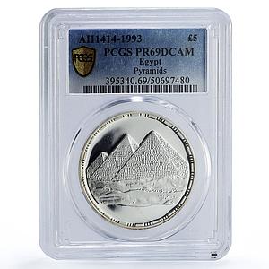 Egypt 5 pounds Pyramids Giza Ancient Treasures PR69 PCGS silver coin 1993