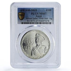 Egypt 100 pounds Anwar Sadat History Politics MS67 PCGS silver coin 2019