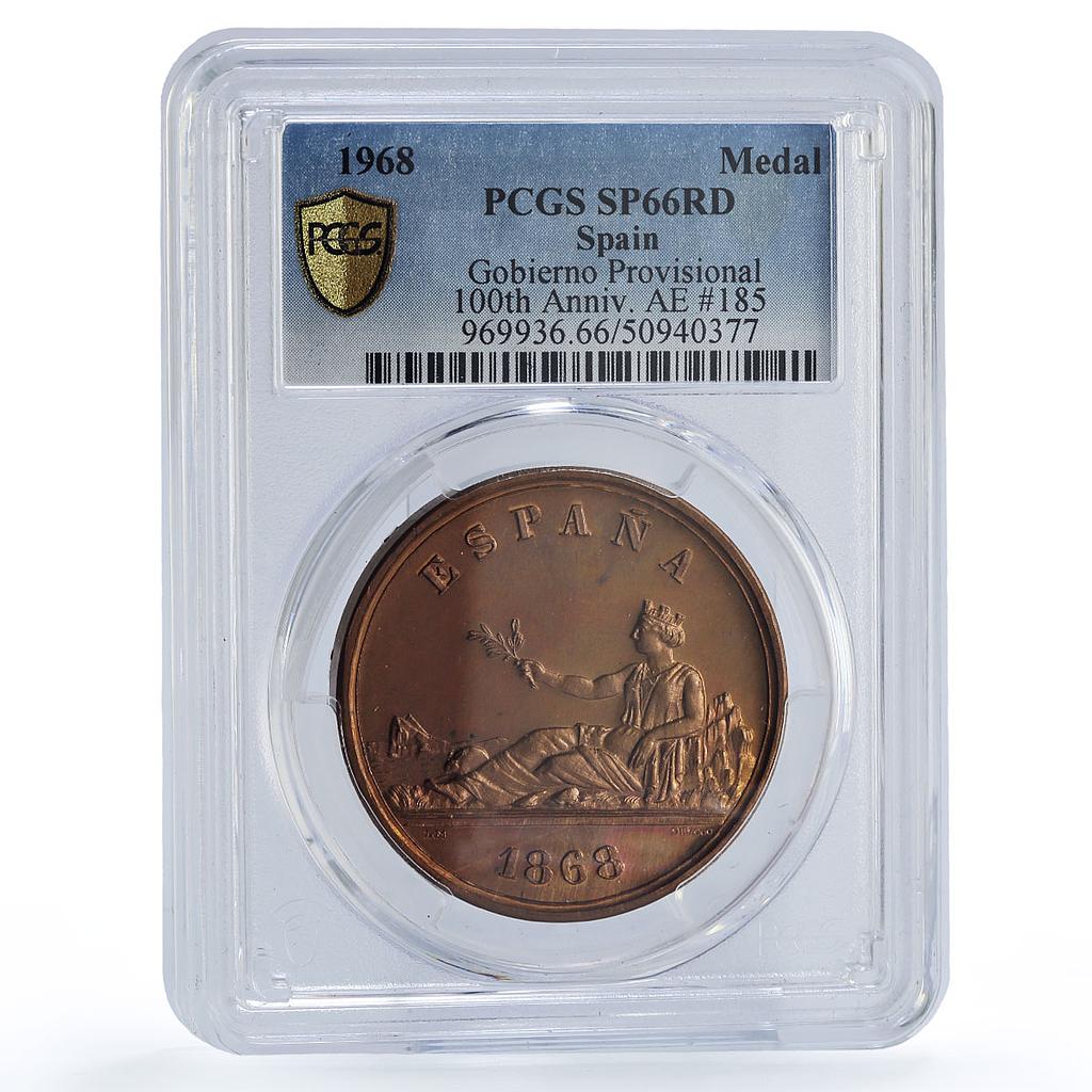 Spain Provisional Gobierno 5 Pesetas 1869 Restrike SP66 PCGS copper medal 1968
