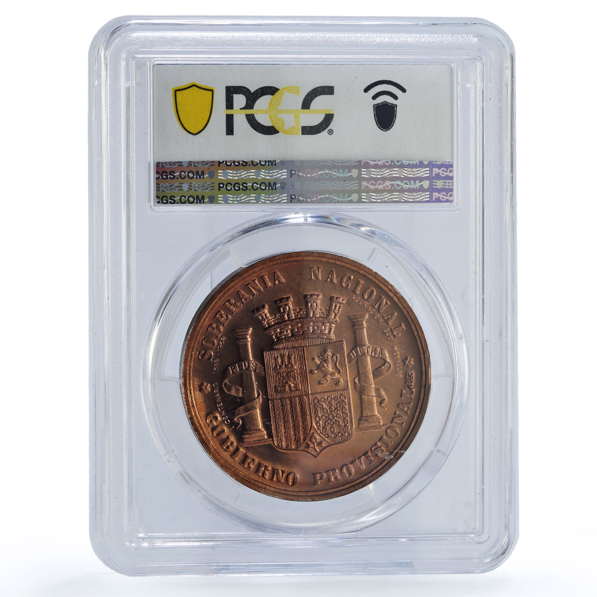 Spain Provisional Gobierno 5 Pesetas 1869 Restrike SP66 PCGS copper medal 1968