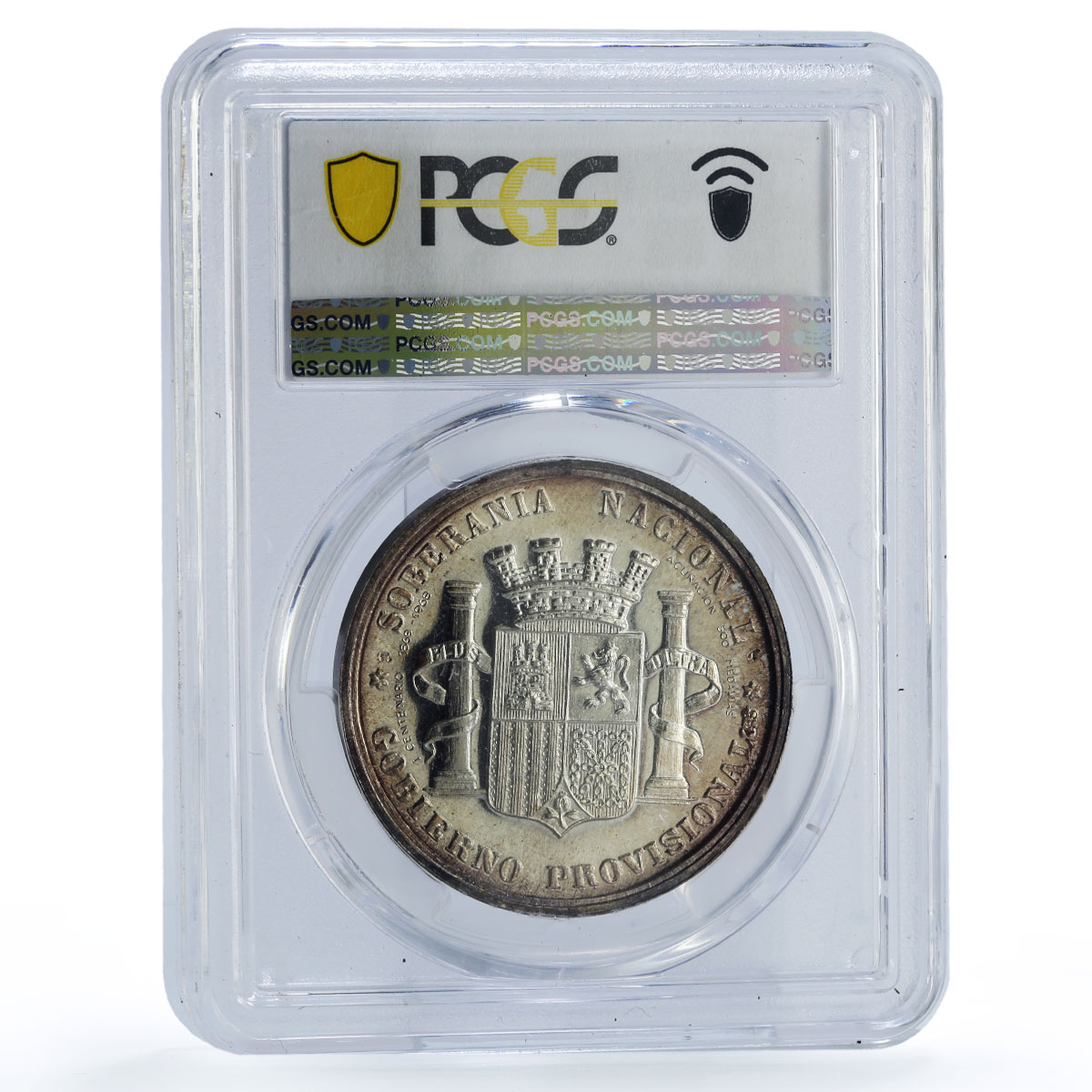 Spain Provisional Gobierno 5 Pesetas 1869 Restrike SP65 PCGS silver medal 1968