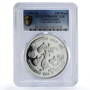 India 100 rupees UNICEF Save the Children Child Year PR66 PCGS silver coin 1981