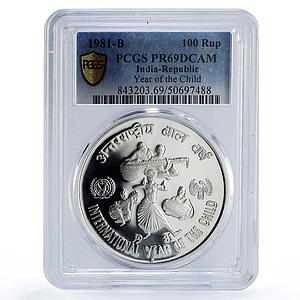 India 100 rupees UNICEF Save the Children Child Year PR69 PCGS silver coin 1981