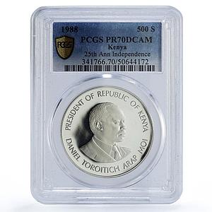 Kenya 500 shillings President Moi Independence PR70 PCGS silver coin 1988