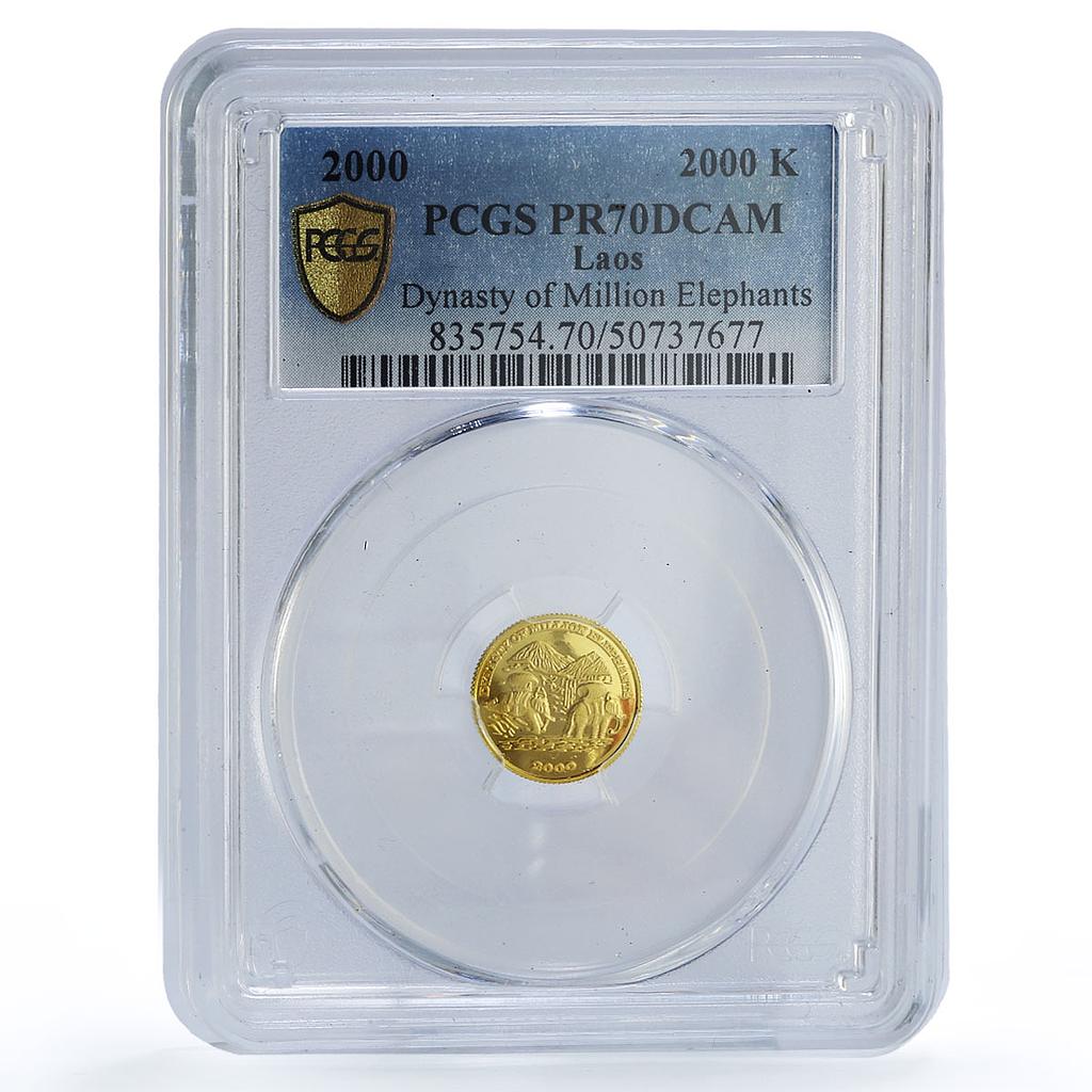 Laos 2000 kip Million Elephants Dynasty Animals History PR70 PCGS gold coin 2000
