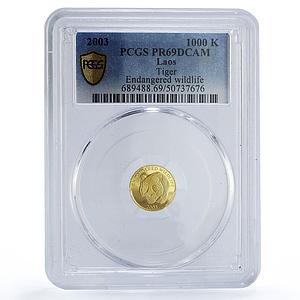 Laos 1000 kip Tiger Wildlife Conservation Animals Fauna PR69 PCGS gold coin 2003