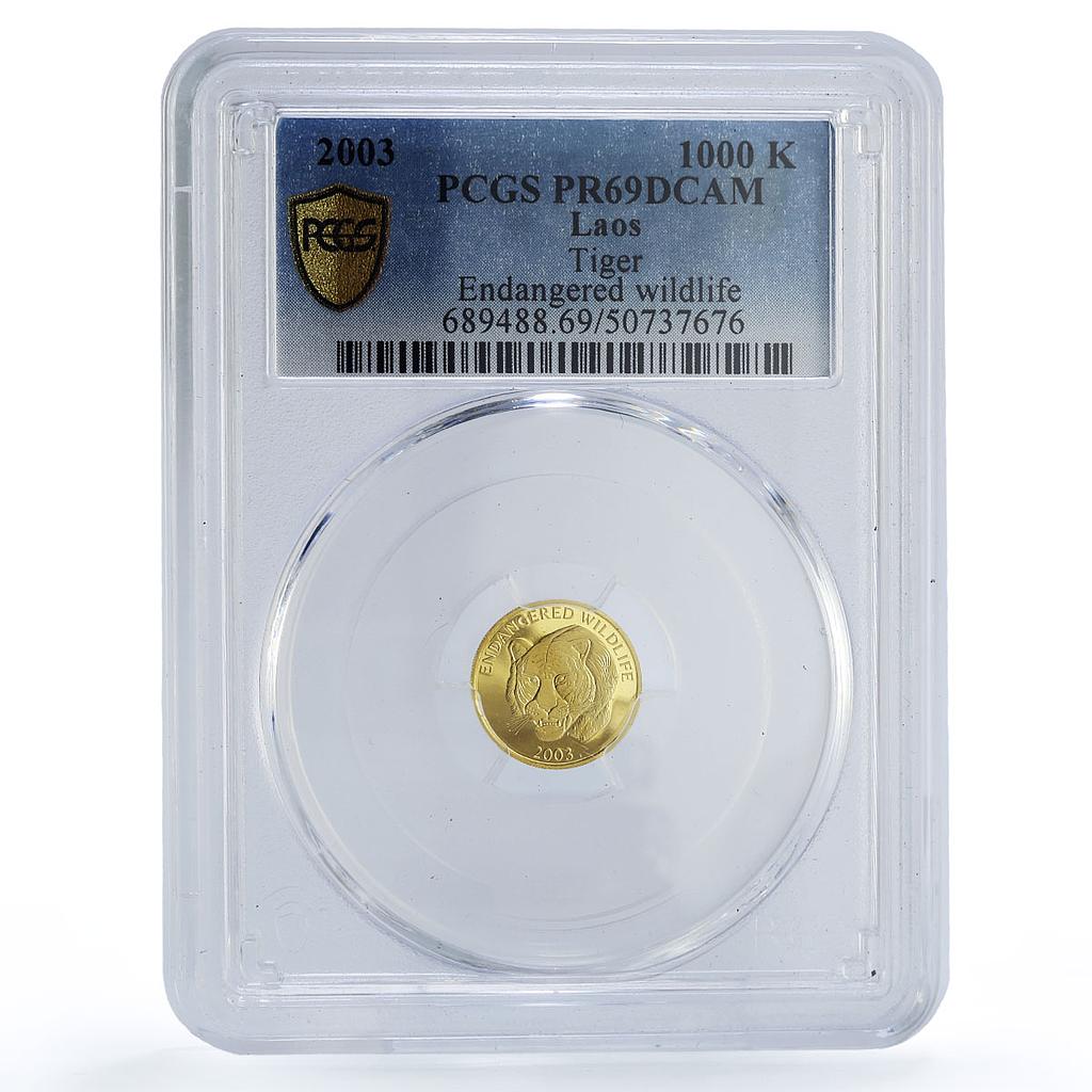 Laos 1000 kip Tiger Wildlife Conservation Animals Fauna PR69 PCGS gold coin 2003