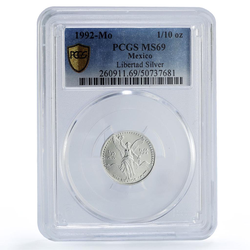Mexico 1/10 onza Libertad Angel of Independence MS69 PCGS silver coin 1992